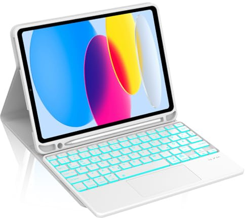 Occtingkind Funda para iPad con teclado + panel táctil y LED de 7 colores para iPad 10/11 Gen (2022/2025 10,9/11) - Teclado Bluetooth iluminado extraíble, funda protectora QWERTZ, USB-C, gris claro
