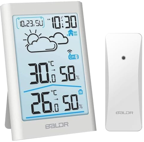 BALDR Weather Station with Outdoor Sensor, Digital Thermometer, Hygrometer, Indoor and Outdoor Room Thermometer, Hydrometer, Humidity with Weather Forecast, Alarm Clock