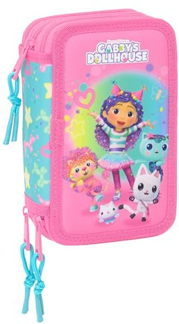 safta GABBY'S Dollhouse Confetti - Trousse Scolaire avec 37 Outils Inclus, Trousse pour Enfant, idéale pour Les Enfants de 5 à 14 Ans, Confortable et Polyvalente, qualité et résistance, 12,5 x 5,5 x