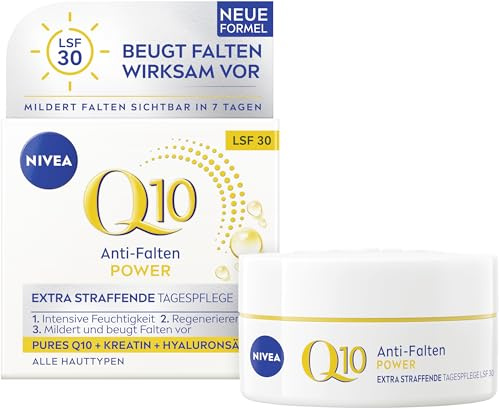 NIVEA Anti-Falten POWER Q10 Extra Straffende Tagespflege LSF 30, Gesichtspflege mildert & beugt Falten vor, straffende Tagescreme mit purem Q10, Kreatin & Hyaluronsäure (50 ml) (Packung mit 2)