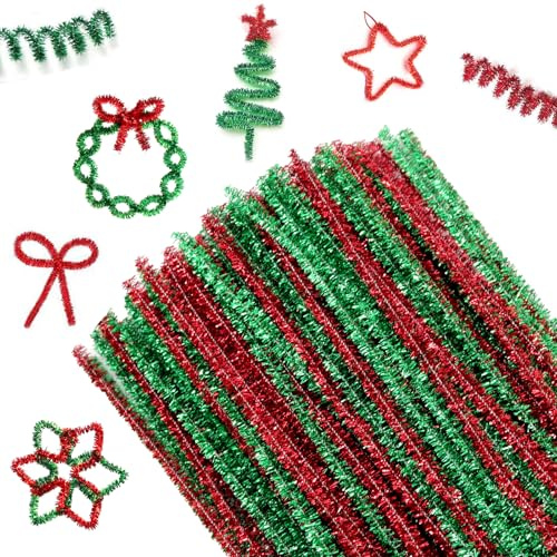 Shining She Glitzer Pfeifenreiniger, 200 Stück Pfeifenputzer zum Basteln Glitzer, 30cm Rot Grün Chenilledraht, Pfeifenreiniger Weihnachten Dekoration DIY Basteln Kunst Weihnachtsdeko