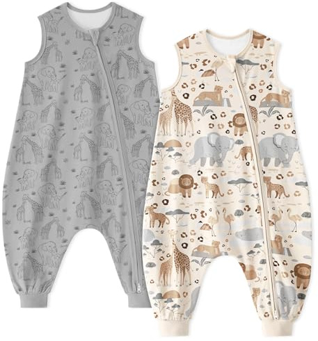 Unnivoll Baby Schlafsack mit Füßen 1,0 Tog Schlafsack Baby Sommer 2er Pack Baumwolle Schlafsack mit Beinen Babyschlafsack Weich 80 cm für Jungen Mädchen Aprikose & Grauer Elefant