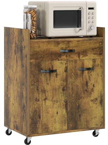 HOMCOM Chariot de Service à roulettes Tiroir Placard Bois Acajou | Desserte de Cuisine, 2 Portes