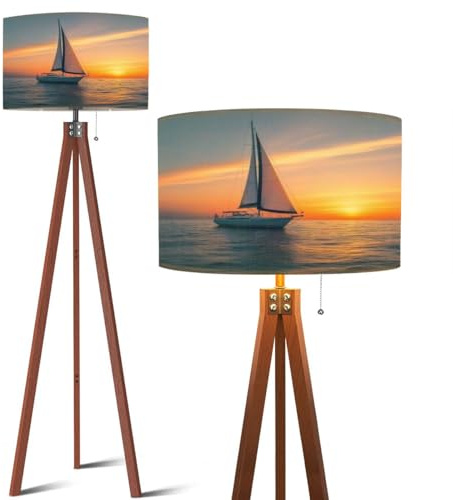 Wood Tripod Floor Lamp Sailboat Nautical Seascape Sunset Sailing Boat Ocean Calm Water Clear Modern Standing Lamp Linen Lampshade Dimmable Tall Lamp Mid Century Floor Lamp for Living Room Bedroom