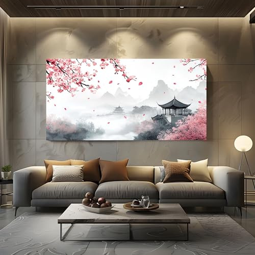 Tableau Decoration Murale Salon Japonais Fleurs de Cerisier Grand 50x100 cm | Impression sur Toile Chinois Montagne Cadre Mural Moderne Peinture à l'encre Pagode Peinture pour Chambre Adulte Bureau
