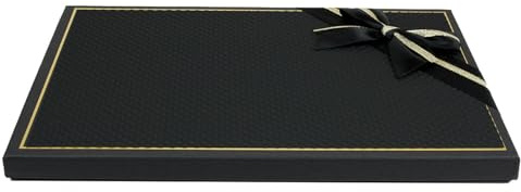 Emartbuy Lyxig svart smal presentask med guldkant och band – elegant styv kartongförpackning för korg, choklad och tillbehör – 35,5 x 24,5 x 2 cm