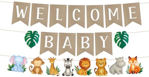 Welcome Baby Banner, Pre-Strung Woodland Baby Shower Wall Hanging Forest Animals Gender Reveal Party Decorations for Photo Backdrop Nursery Wall Window