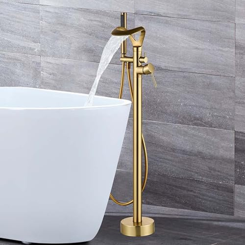 BiaoTeng Freistehende Wannenarmatur Gold Gebürstet Badewannenarmatur Wasserfall mit Handbrause 360° Drehbar Warm und Kalt Einhebelmischer Wannenrandarmatur Freistehend