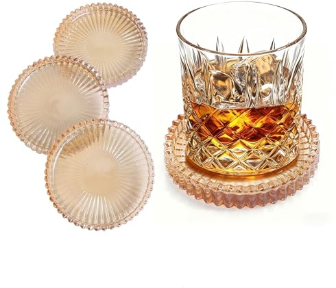 MEEYEELAN Glass Coasters Set of 4 for Drinks, Round Modern Set with Raised Edge Lip, Decorative & Aesthetic for Dining Table, Living Room, Office Desk