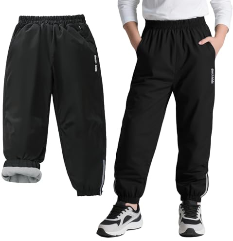 Baogaier Kids Waterproof Trousers with Fleece Lined Girls Boys Winter Thermal Windproof Rain Trouser Outdoor Sports Hiking Warm Softshell Travelling Snow Ski Pants for 7-8 Years, Black
