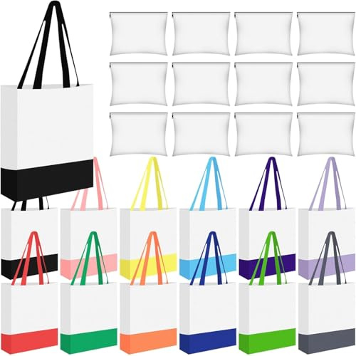 Malloom 24 Stück Canvas-Tote-Bag-Set – DIY Sublimationsrohling-Taschen & Kosmetiktaschen mit Reißverschluss für Weihnachtsbasteln, Strand & Reisen – Mehrfarbig