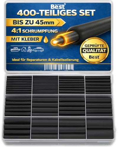 Schrumpfschlauch Set 400 Stück 4:1 Innenkleber wasserdicht PVC schwarz | 400 Schrumpfschläuche mit Innenkleber für Kabelreparaturen, Elektroinstallationen, Solar, Marine und Industrie.