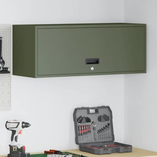 Goyphonic Olivgrüner Wandschrank für Garage, Küche oder Speisekammer, robuster Stahlschrank mit Gasdrucklift-Tür, 33x90x35 cm, sicheres Riegelschloss, platzsparende Wandmontage