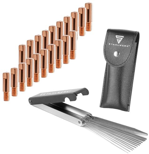 STAHLWERK MIG/MAG Stromdüsen-Set mit 20 Stück Kontaktdüsen M6x25 in 0,9 mm | Mit 13-in-1 Düsenreiniger im Etui, hochwertiges Schweißzubehör für AK15/MB15/AK14/MB14-Schweißbrenner