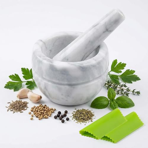 Weißer Marmor Mörser mit Stößel, 10 cm Mini Mörser Set für Tabletten Kräuter Gewürze Knoblauch, schwer stabil gut zu handhaben mit 2 Knoblauchschäler