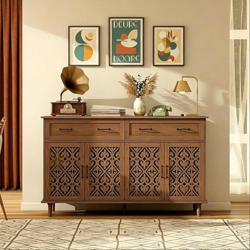LFGUIZO Mid-Century Sideboard Kommode mit 4 Durchbrochene Türen, 2 Schubladen, Verstellbaren Regalen, Füßen aus Massivem Kiefernholz, Nussbaum, 150x40x90,5 cm für Wohnzimmer, Esszimmer, Küche