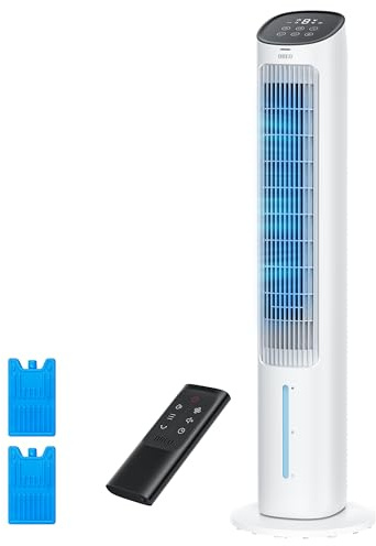 DREO Turmventilator mit Kühlung leise, Ventilator mit Wasserkühlung, 102 cm Luftkühler, Verdunstungskühler mit 80° Schwenkfunktion, 3 Modi, 4 Geschwindigkeiten, Fernbedienung, Weiß