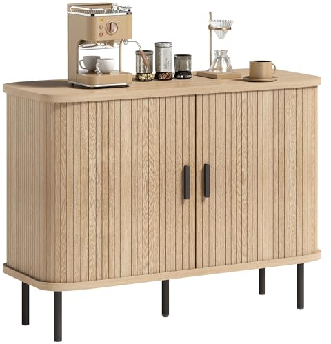HOMCOM Buffet Salon, Meuble de Rangement avec 2 Portes coulissantes en Tambour à Lattes et 4 Compartiments, 5 Pieds en Acier, Style Moderne, pour Salle à Manger et Cuisine, 100 x 40 x 75 cm, chêne