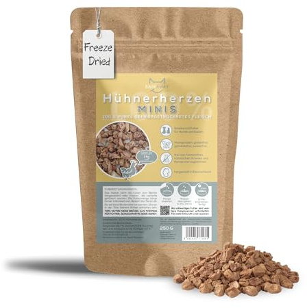 BARFAWAY Gefriergetrocknete Hühnerherzen Minis, 100% Pures Fleisch, Hundeleckerli und Katzenleckerli, Getreidefrei, Zuckerfrei, Ohne Zusätze, 250g