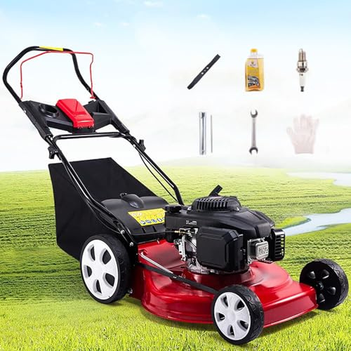 DJFYVAEIO Cortacésped A Gasolina De 18/21, con Tracción, Motor De 173Cc Y 4 Tiempos (7 HP), Ajuste De Altura De 7 Niveles, Arranque Fácil; Incluye Accesorios, Ideal para Patios Y Jardines 20in