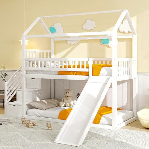 luckdect Letto a soppalco 90 x 200 cm multifunzionale con scivolo e tetto, letto a soppalco 1 posto con scala e barriera di sicurezza, letto a castello in legno, senza materasso
