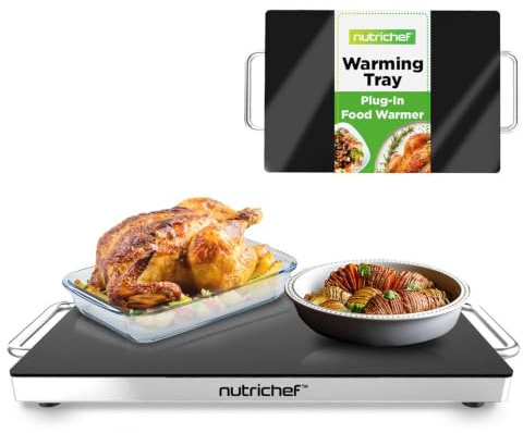 NutriChef Plaque Chauffante Électrique – Plaque de Cuisson 42 × 28 cm avec Couvercle en Verre – Idéale pour Fêtes, Buffets & Cuisine – Parfaite pour Garder Les Aliments et Les Grillades au Chaud