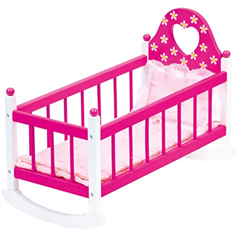 Bino Puppenwiege mit Bettwäsche, Spielzeug für Kinder ab 3 Jahre, Holzspielzeug (Kinderspielzeug aus Holz, weiß lackiert, inklusive Bettwäsche in Hellrosa, mit Seitengitter), Rosa / Weiß