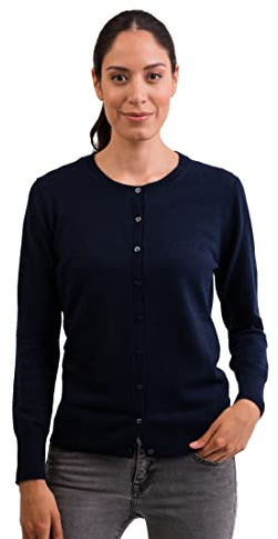 CASH-MERE.CH 100% Kaschmir Damen Pullover Cardigan Rundhalsausschnitt | Strickjacke Rundhalsausschnitt 2-fädig (Blau/Marine, L)