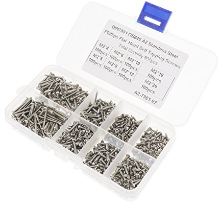 800Pcs M2 Edelstahl Selbstschneidende Schrauben Flachkopf Assorted Kit