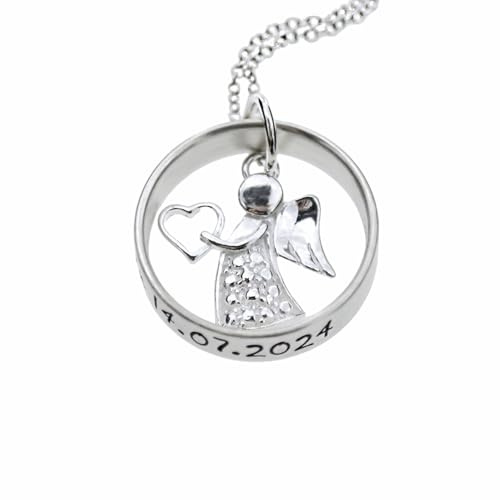 Timbalino Personalisierte Schutzengel Kette Silber 925 mit Gravur-Ring – Damen & Kinder Halskette mit Engel-Anhänger & Herz – Individuelles Taufgeschenk, Kommunion oder Geburtstag – Durchmesser 20mm
