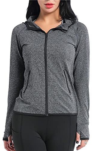 AMZSPORT Dam löparjacka sportjacka långärmad träningsjacka sweatjacka för yoga fitness, 8003-grå, L