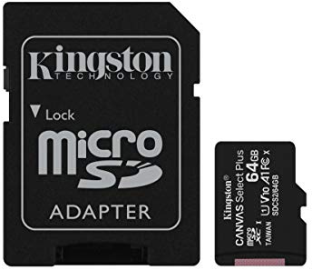 Kingston 64GB microSDHC Canvas Select Plus 100MB/s Read A1 Class 10 UHS-I Frustration Free Packaging Memory Card + Adapter (SDCS2/64GBET)