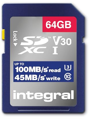 Integral Memory 64GB SDxC Premium Ultra High Speed Up to 100MB/s Reading, 45MB/s Writing, Class 10 V30 UHS-I U3, by Integral Memory