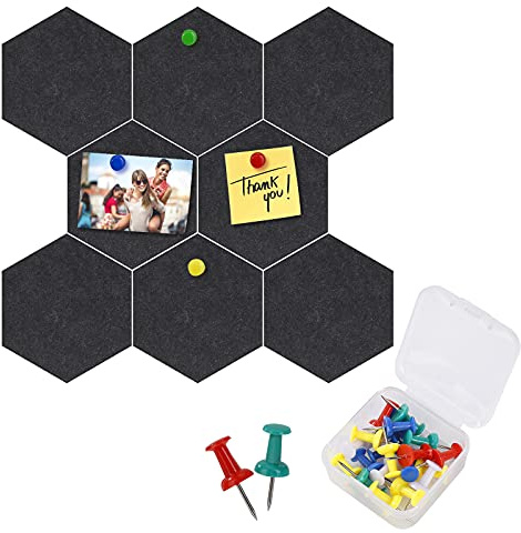 Pinnwand Sechseck Filz Memoboards Selbstklebend Filzboard mit 20 Stücke Pinnadeln für Heim Büro Klassenzimmer Wand 8 Packungen 17.5 x 15.2 cm Schwarz