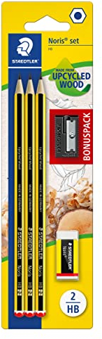 STAEDTLER Bleistifte Noris, HB, sechskant, Set mit 3 unglaublich bruchfesten Bleistiften, 1 Spitzer, 1 Radiergummi, hohe Qualität Made in Germany, 120 SBK3P1