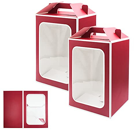 POTTIIS Große Geschenkboxen, Papiertüten mit transparentem Fenster, 24,9 x 17,8 x 13 cm, Hochzeits- und Party-Geschenktüten, Rot, 10 Stück