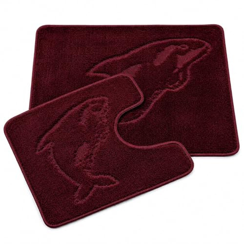 HOMES-LINEN Dolphin Bath Mats Non Slip Bathroom Mats 2 Piece Pedestal and Bath Mat Set Toilet Bathroom Rug (Burgundy)