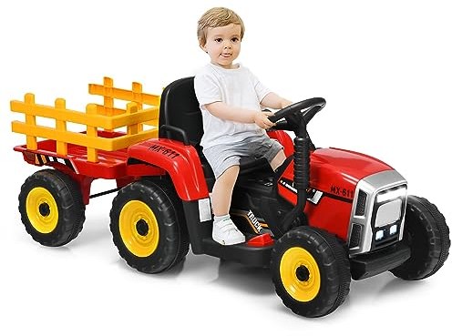 DREAMADE Traktor mit Abnehmbarem Anhänger, Elektrotraktor mit LED-Licht & Musik & Fernbedienung, Kindertraktor mit max. Tragfähigkeit von 30 kg, Aufsitztraktor für Kinder ab 3 Jahren (Rot)