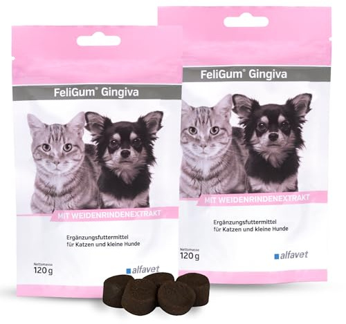 Alfavet FeliGum Gingiva - 2 x 120g Kaudrops bei Zahnfleischentzündung | Ergänzungsfuttermittel für Katzen & kleine Hunde zur Maulhygiene, mit Weidenrinde & Omega-3, bei Gingivitis und Stomatitis