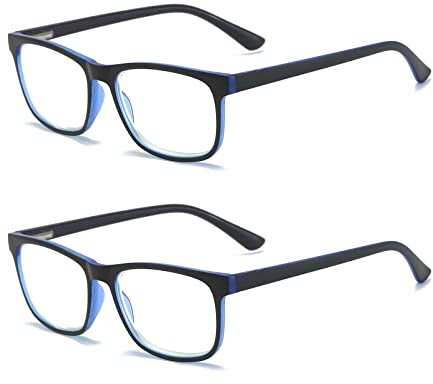 MMOWW Confezione da 2 Occhiali da Lettura Donna Uomo, Anti Luce Blu Rettangolari Occhiali con Cerniere a Molla (Blu, +1.5)