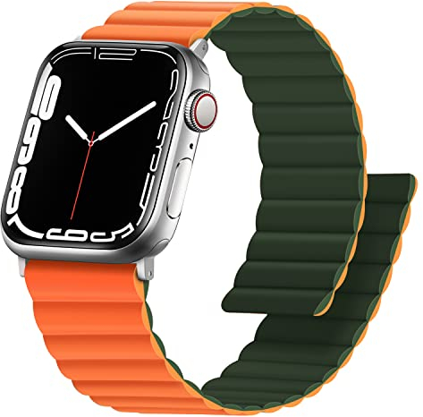 Anlinser Magnetbänder Kompatibel mit Apple Watch Armband 49/46/45/44/42mm, Doppelseitiges Wendbares Silikon-Ersatzband für iWatch Ultra 3/2/1 Serie 11/10/9/8/7/6-1 SE (Grün/Orange)