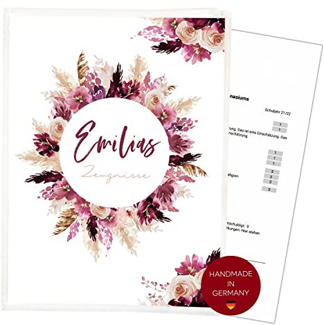 Zeugnismappe für DIN A4 Blumen | 𝗣𝗘𝗥𝗦𝗢𝗡𝗔𝗟𝗜𝗦𝗜𝗘𝗥𝗧 | 20 Klarsichthüllen für 𝗔𝗨𝗙𝗕𝗘𝗪𝗔𝗛𝗥𝗨𝗡𝗚 und 𝗦𝗖𝗛𝗨𝗧𝗭 von 𝗭𝗘𝗨𝗚𝗡𝗜𝗦𝗦𝗘𝗡 | Schule Mädchen (Emilia)
