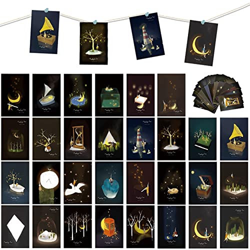 WETARENDA 30 Stück Postkarten Leuchten im Dunkeln Postkarten Set Vintage Reisepostkarten 14 * 9cm Glow In The Dark Postcard Reise Geburtstagskarten Kunst Danksagungskarten Gästebuch für Sammelalben