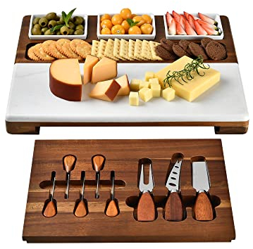 Shanik Juego de tablas de queso de mármol de madera con 3 cuencos de cerámica - Juego de cubiertos de acero inoxidable, juego de tabla de charcutería y regalo para cualquier ocasión (sin grabado)