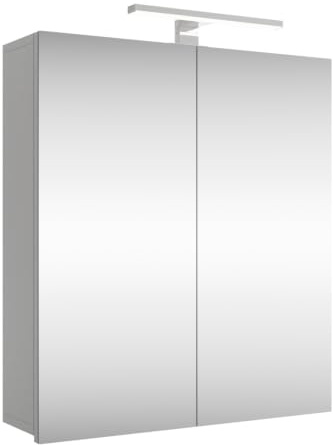 Planetmöbel Merkur Spiegelschrank Bad mit Beleuchtung 60 cm breit | Badschrank hängend mit Spiegel | Chrom LED Beleuchtung | weiß-grau
