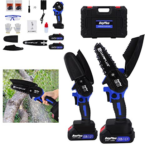 Mini Motosierra Inalámbrica 1500mAh, Motosierra Eléctrica Portátil, Tijeras De Podar Con Una Mano, 4 pulgadas,Con 2 Baterías, 2 Cadenas, Guía de 4 pulgadas, Gafas protectoras