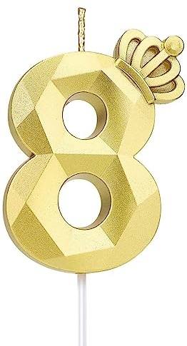 Zahl 8 Kerze, 7.6 cm große Happy Birthday-Kerze mit exquisiter 3D-Krone, Tortenaufsatz, Dekorationen für Hochzeit, Jahrestag, Geburtstag, Wiedervereinigung, Themenparty, Dekoration, Feier (Gold-8)