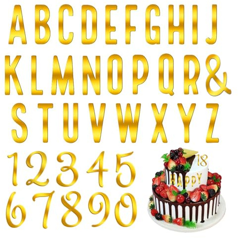 Rjayaa Buchstaben Deko Torte Gold 37 Stück Kuchen Buchstaben Zahlen Tortendeko Acryl Cake Topper Kuchendekoration für Geburtstag Hochzeit, M