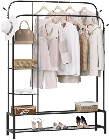 eSituro Kleiderständer mit 2 Kleiderstangen, Garderobenständer mit Schuhregal Kleiderablagen Kleiderhaken, Standgarderobe stabil schwarz Metall, für Schlafzimmer Flur, 130x164x33,5 cm