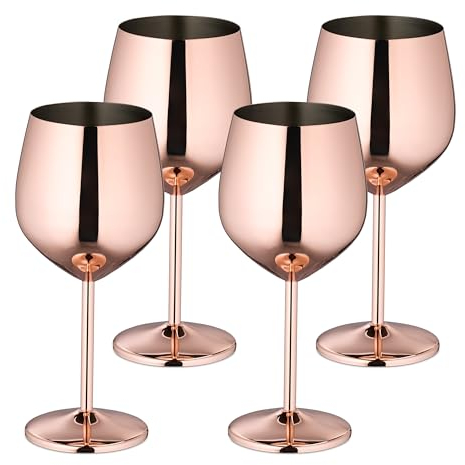 Relaxdays 4 Copas de Vino Tinto o Blanco, de Acero INOX, Irrompibles, Frío por más Tiempo, 400ml, Oro Rosa, Inoxidable, 20,5 x 9,5 cm